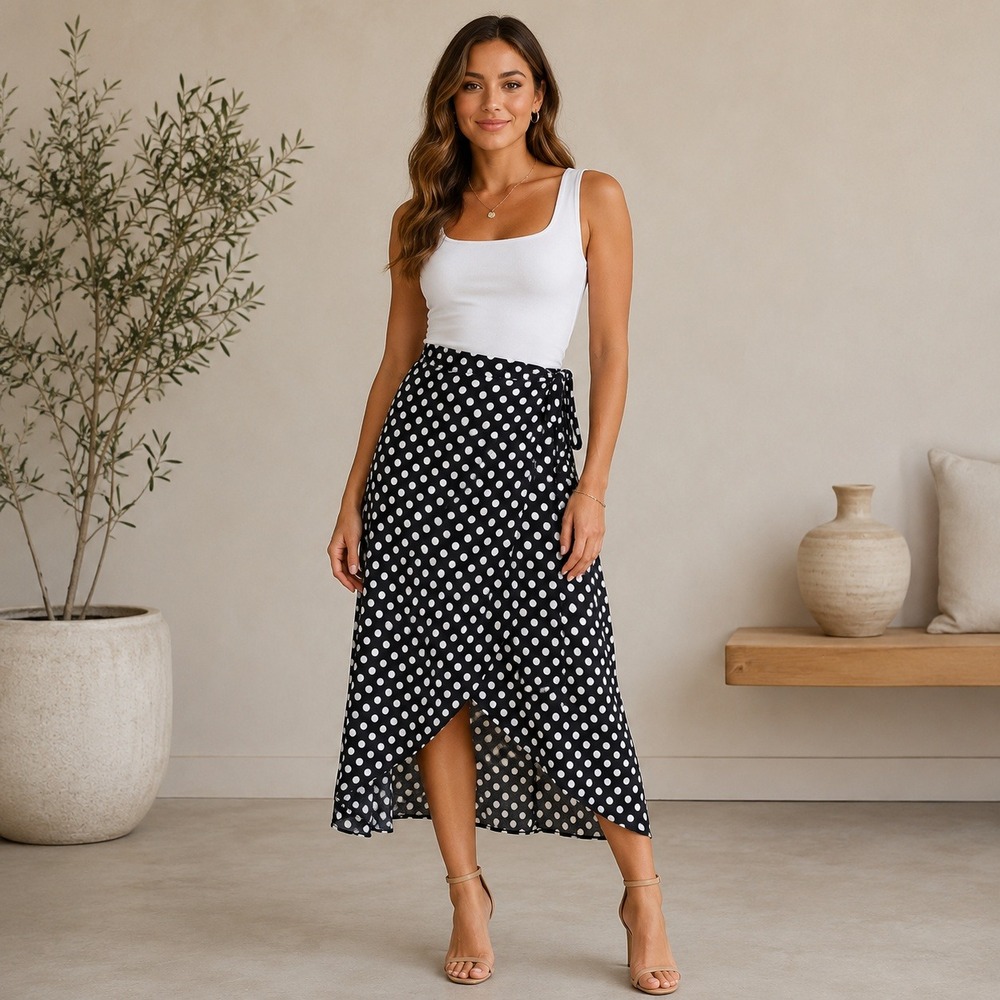 Green Envelope Polka Dot Layered Skirt Black White Midi High Low Large USA Made